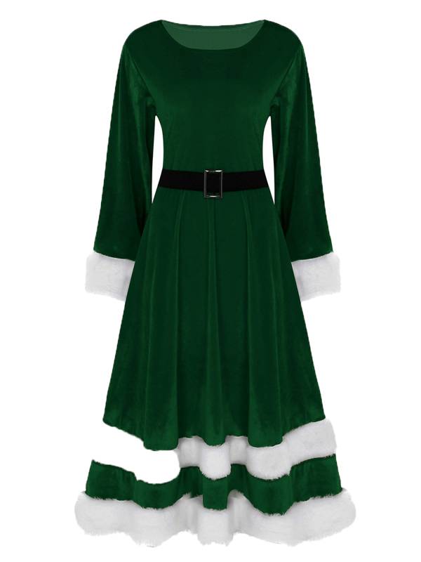 Women Christmas Velvet Scoop Neck Long Sleeves A-line Dress thumb