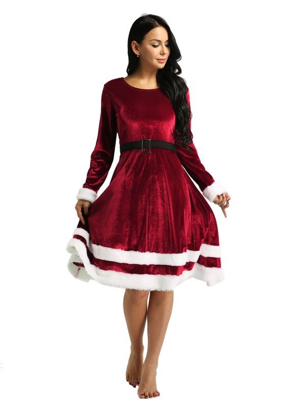 Women Christmas Velvet Scoop Neck Long Sleeves A-line Dress thumb
