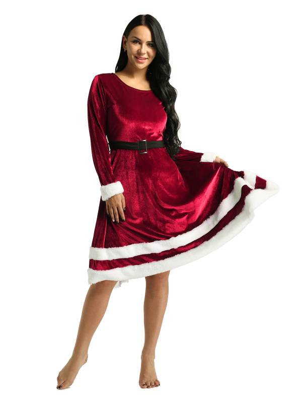 Women Christmas Velvet Scoop Neck Long Sleeves A-line Dress thumb