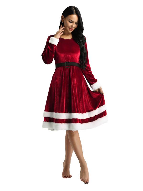 Women Christmas Velvet Scoop Neck Long Sleeves A-line Dress thumb