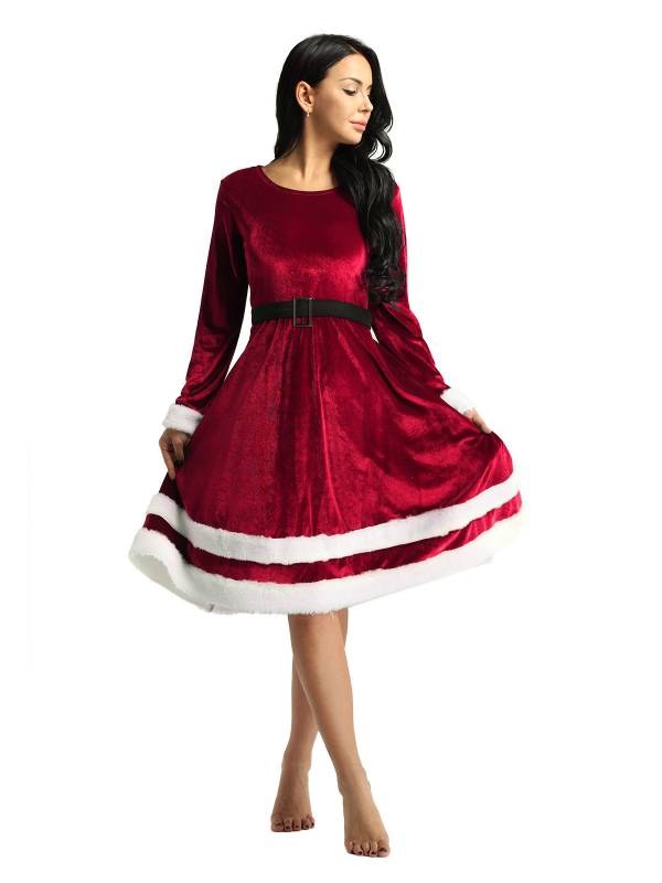 Women Christmas Velvet Scoop Neck Long Sleeves A-line Dress thumb