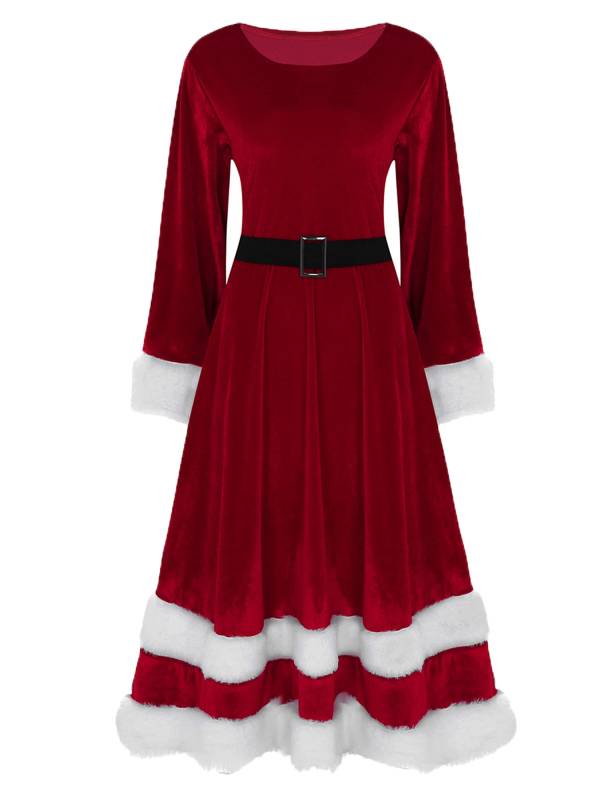 Women Christmas Velvet Scoop Neck Long Sleeves A-line Dress thumb