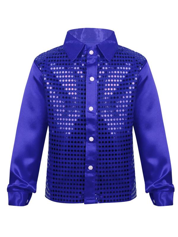 Kids Boys Glittery Sequin Long Sleeve Latin Dance Shirt thumb