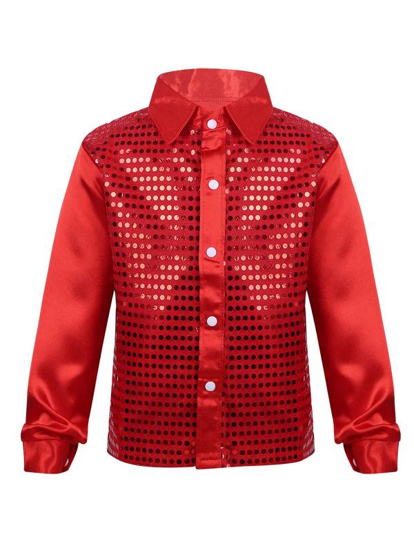 Kids Boys Glittery Sequin Long Sleeve Latin Dance Shirt thumb