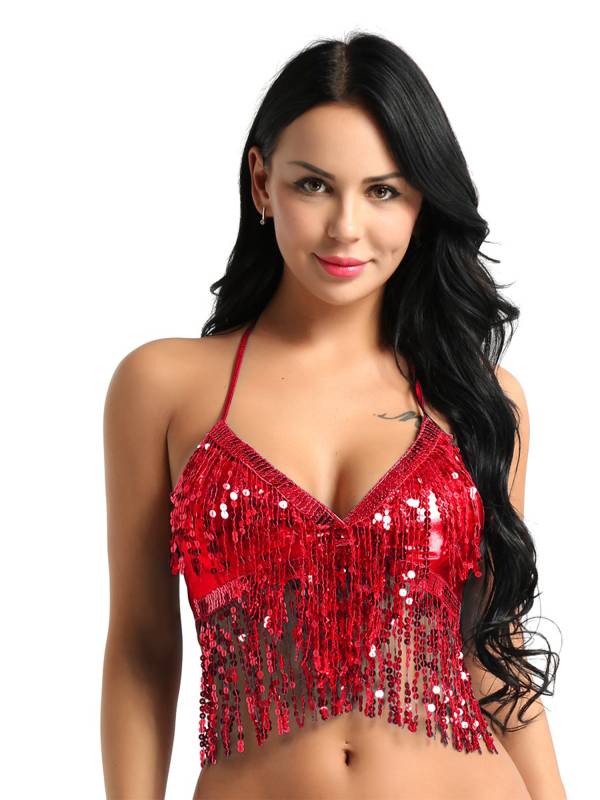 Women Halter Neck and Back Tie Up Sequins Latin Belly Dance Bra Top thumb