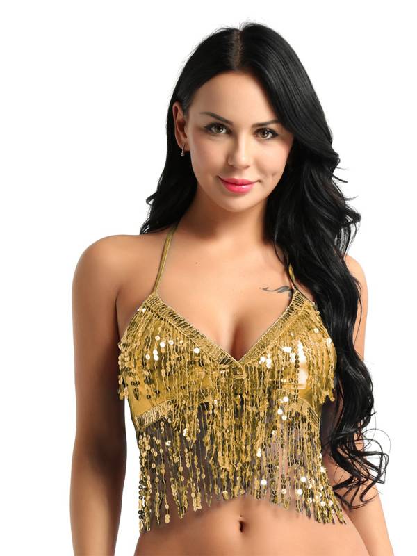 Women Halter Neck and Back Tie Up Sequins Latin Belly Dance Bra Top thumb