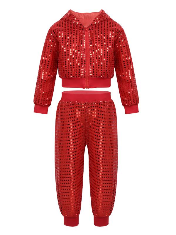 Kids Boys Girls Sequins Long Sleeve Hooded with Pants Hip-hop Jazz Dance Set thumb