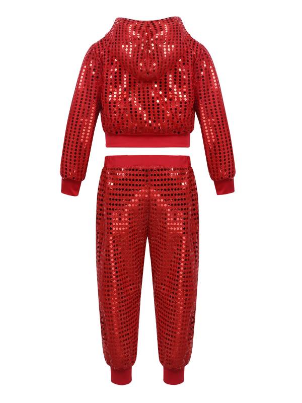 Kids Boys Girls Sequins Long Sleeve Hooded with Pants Hip-hop Jazz Dance Set thumb