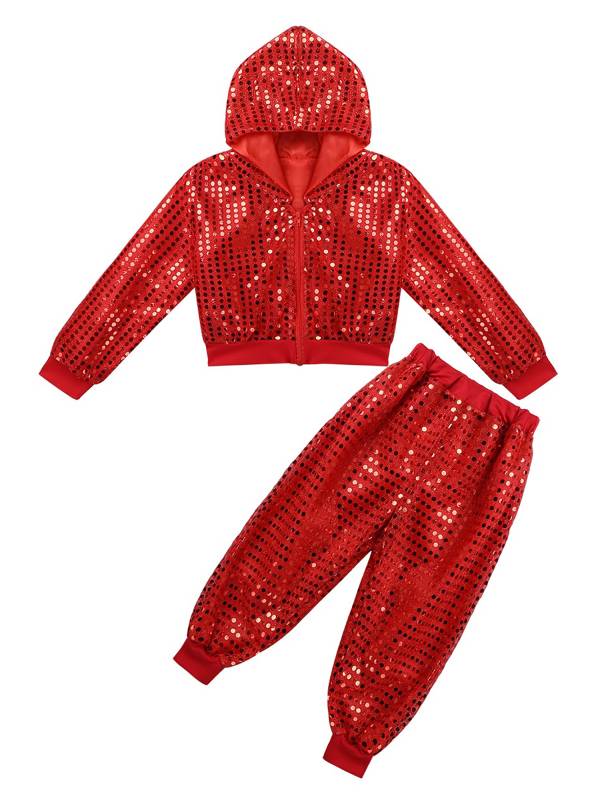 Kids Boys Girls Sequins Long Sleeve Hooded with Pants Hip-hop Jazz Dance Set thumb
