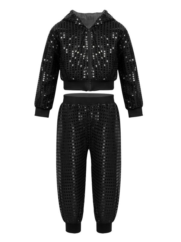 Kids Boys Girls Sequins Long Sleeve Hooded with Pants Hip-hop Jazz Dance Set thumb