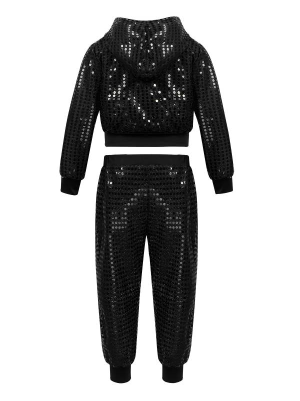 Kids Boys Girls Sequins Long Sleeve Hooded with Pants Hip-hop Jazz Dance Set thumb