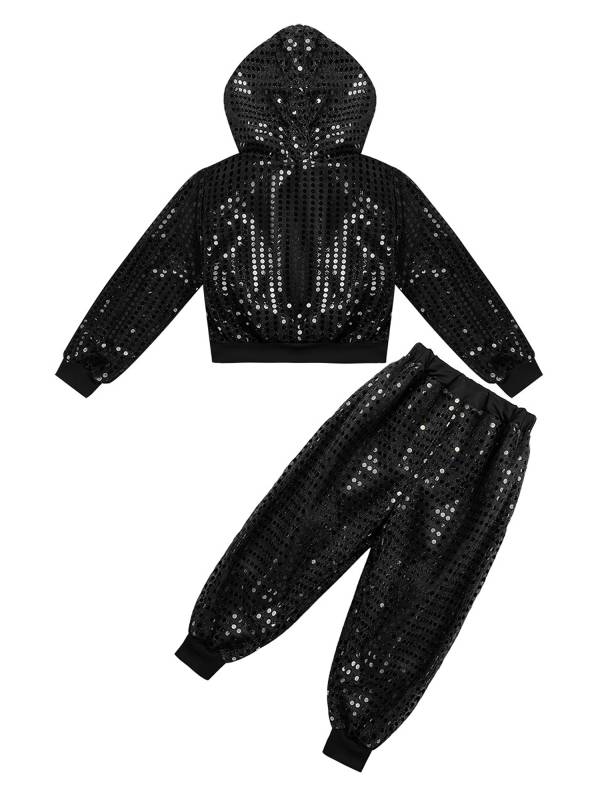 Kids Boys Girls Sequins Long Sleeve Hooded with Pants Hip-hop Jazz Dance Set thumb