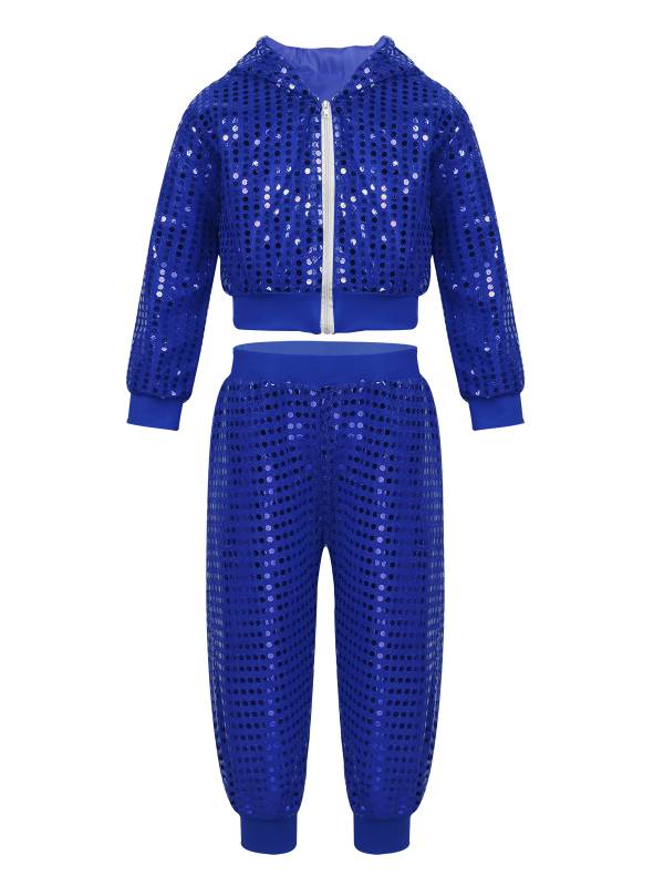Kids Boys Girls Sequins Long Sleeve Hooded with Pants Hip-hop Jazz Dance Set thumb