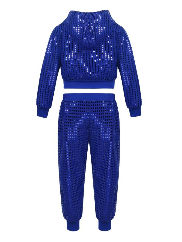 Kids Boys Girls Sequins Long Sleeve Hooded with Pants Hip-hop Jazz Dance Set thumb