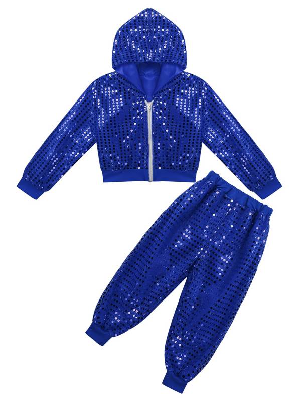 Kids Boys Girls Sequins Long Sleeve Hooded with Pants Hip-hop Jazz Dance Set thumb