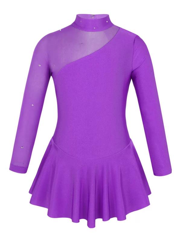 Kids Girls Long Sleeves Tulle Ice Skating Roller Skating Leotard Dress thumb