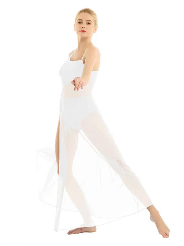 Women Spaghetti Strap Mesh Maxi Lyrical Dance Leotard Dress thumb