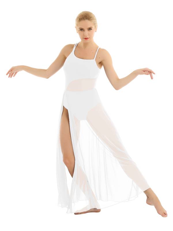 Women Spaghetti Strap Mesh Maxi Lyrical Dance Leotard Dress thumb