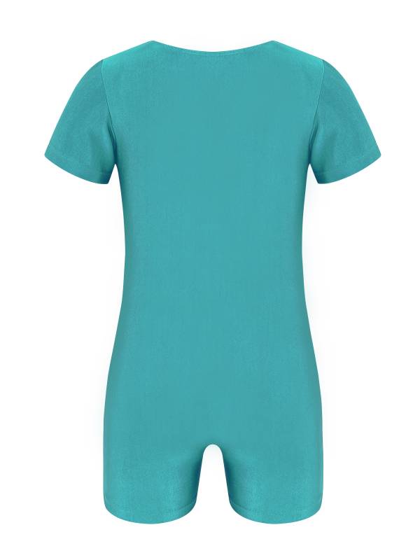 Kids Boys Girls Short Sleeves Solid Color Stretchy Gymnastics Unitard thumb