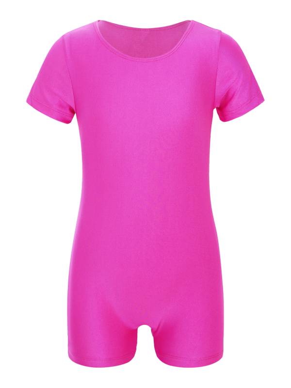 Kids Boys Girls Short Sleeves Solid Color Stretchy Gymnastics Unitard thumb