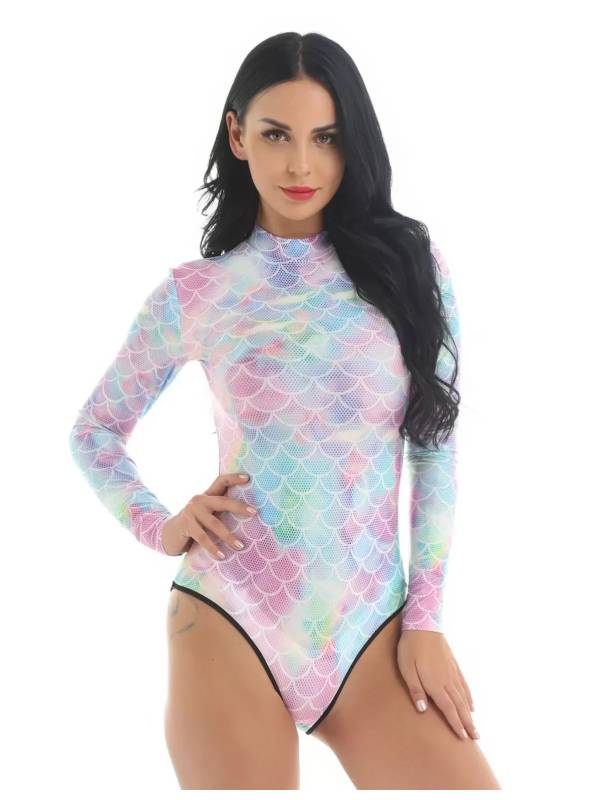 Women Mermaid Scale Print One Piece Rash Guard Swimwear thumb