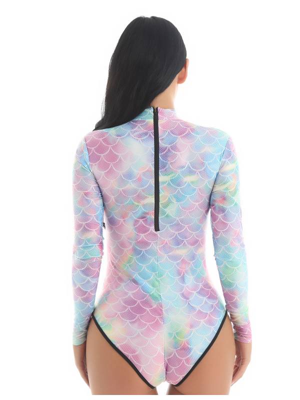 Women Mermaid Scale Print One Piece Rash Guard Swimwear thumb