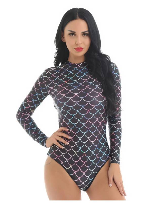 Women Mermaid Scale Print One Piece Rash Guard Swimwear thumb