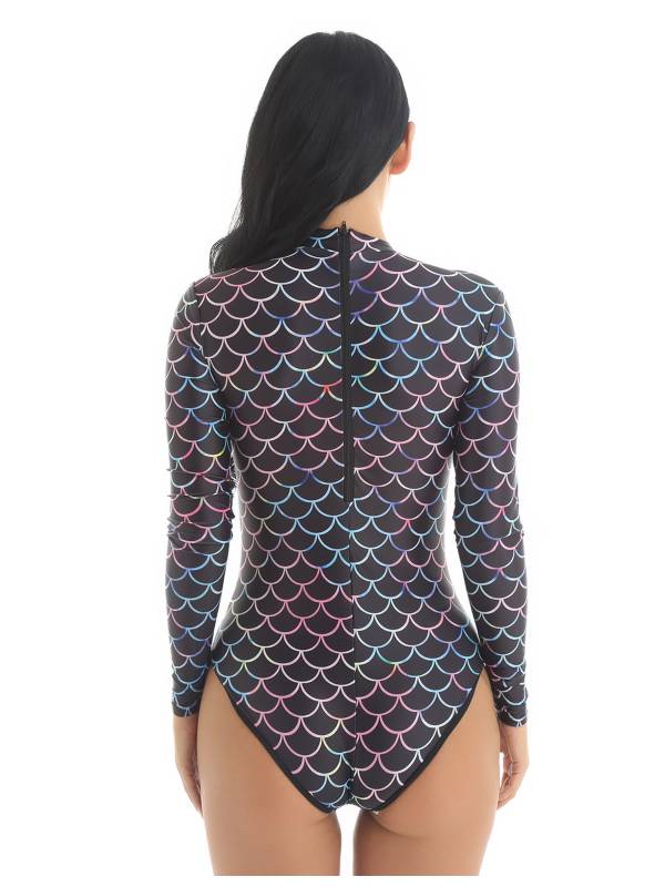 Women Mermaid Scale Print One Piece Rash Guard Swimwear thumb