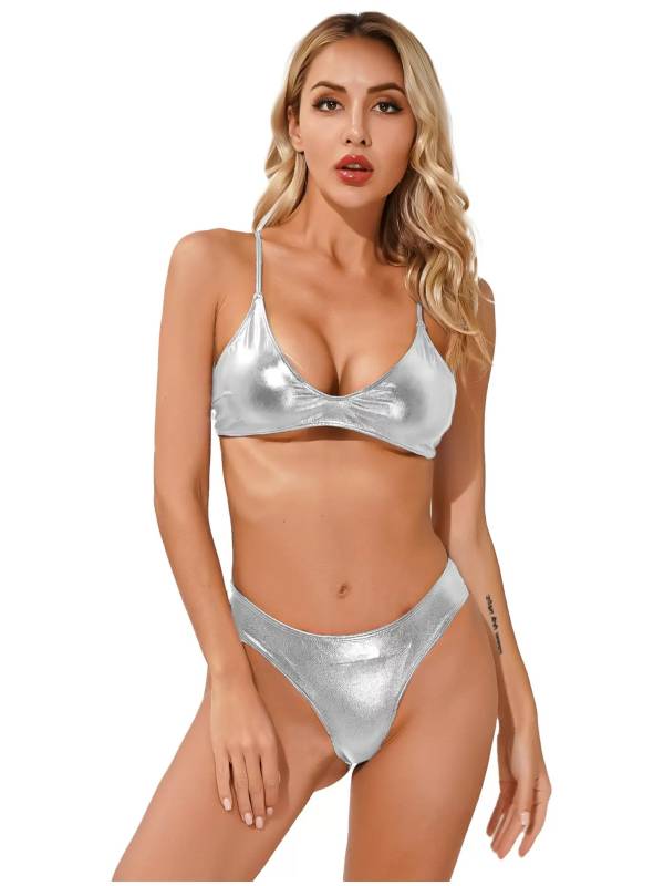 Women 2pcs Metallic Glossy Bikini Swimsuit Set thumb