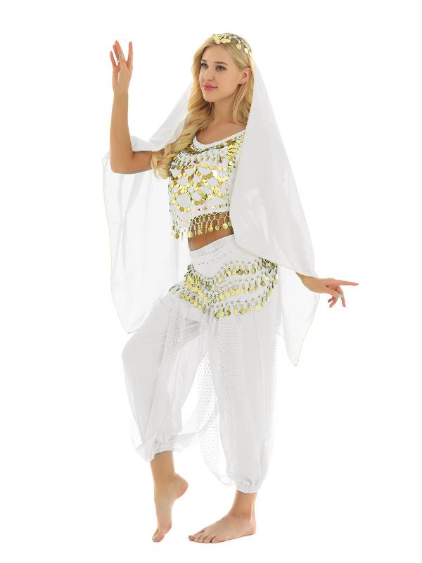 Women 4Pcs Belly Dance Puff Sleeve Sequin Crop Top with Pants Sets thumb