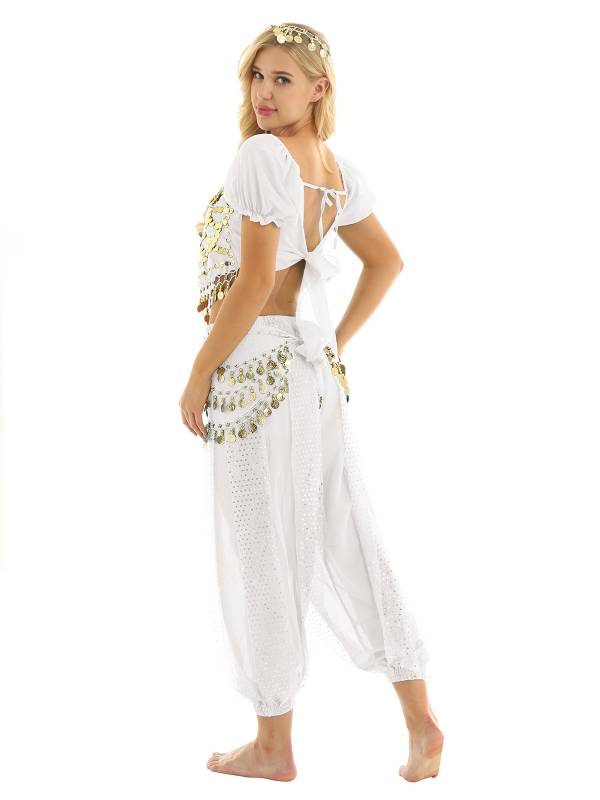 Women 4Pcs Belly Dance Puff Sleeve Sequin Crop Top with Pants Sets thumb