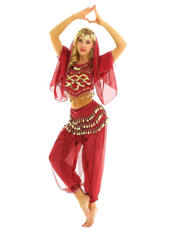 Women 4Pcs Belly Dance Puff Sleeve Sequin Crop Top with Pants Sets thumb