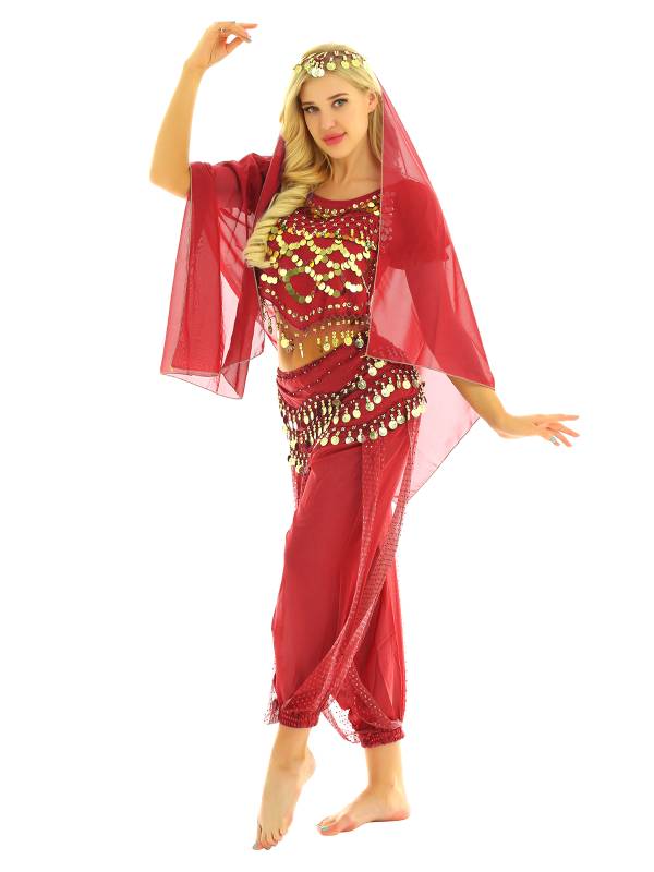 Women 4Pcs Belly Dance Puff Sleeve Sequin Crop Top with Pants Sets thumb