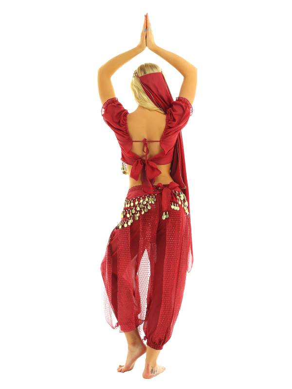 Women 4Pcs Belly Dance Puff Sleeve Sequin Crop Top with Pants Sets thumb