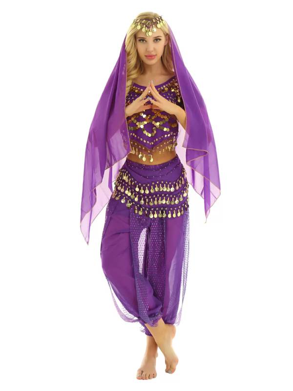 Women 4Pcs Belly Dance Puff Sleeve Sequin Crop Top with Pants Sets thumb