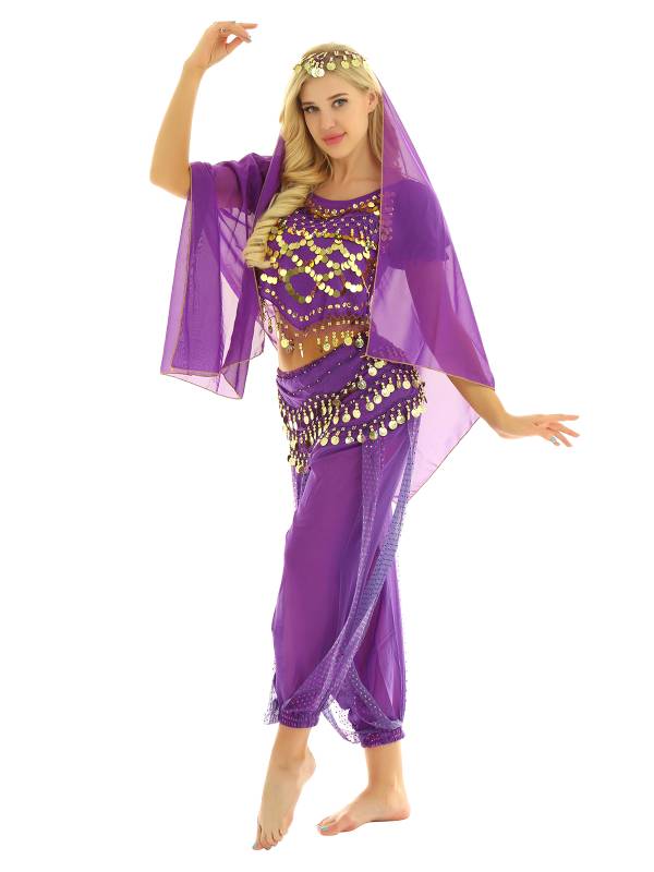 Women 4Pcs Belly Dance Puff Sleeve Sequin Crop Top with Pants Sets thumb