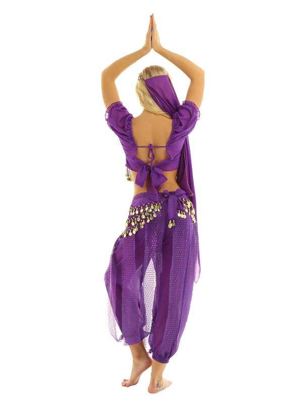 Women 4Pcs Belly Dance Puff Sleeve Sequin Crop Top with Pants Sets thumb