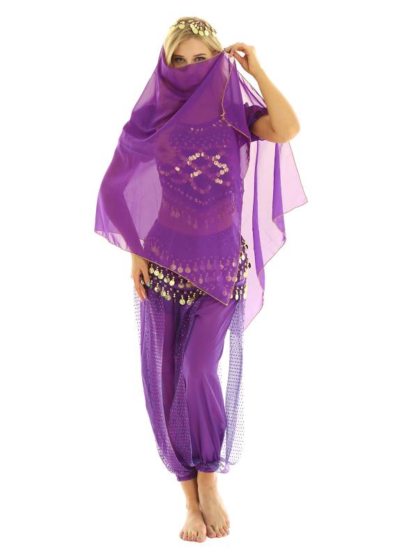 Women 4Pcs Belly Dance Puff Sleeve Sequin Crop Top with Pants Sets thumb