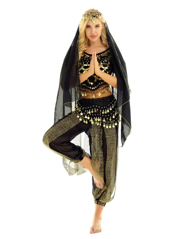 Women 4Pcs Belly Dance Puff Sleeve Sequin Crop Top with Pants Sets thumb