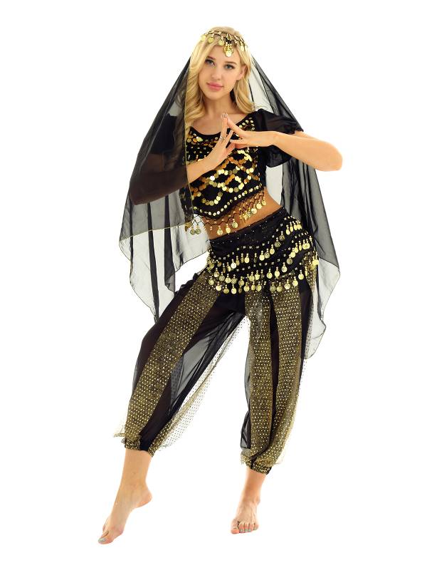 Women 4Pcs Belly Dance Puff Sleeve Sequin Crop Top with Pants Sets thumb