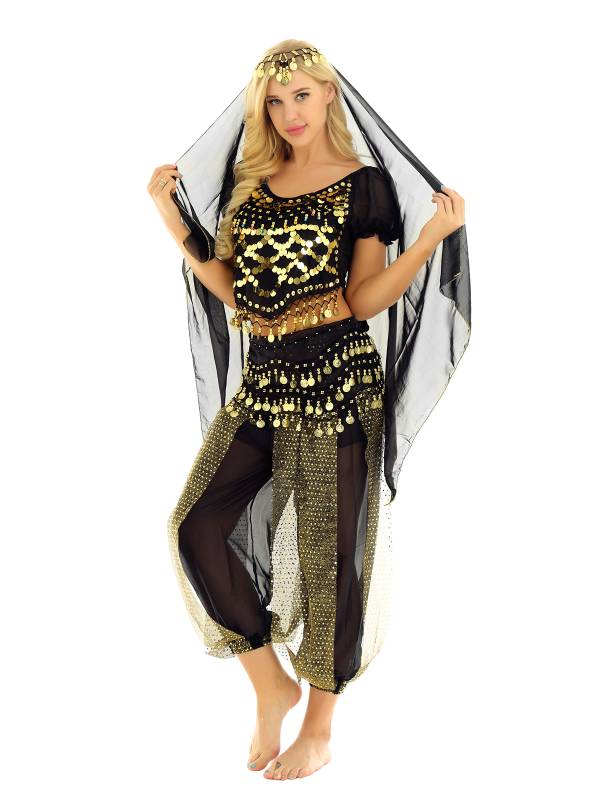 Women 4Pcs Belly Dance Puff Sleeve Sequin Crop Top with Pants Sets thumb