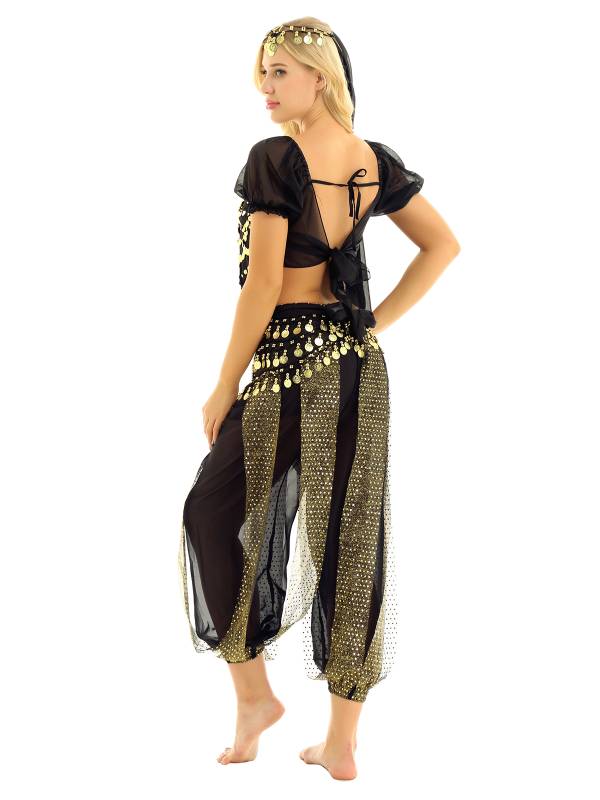 Women 4Pcs Belly Dance Puff Sleeve Sequin Crop Top with Pants Sets thumb