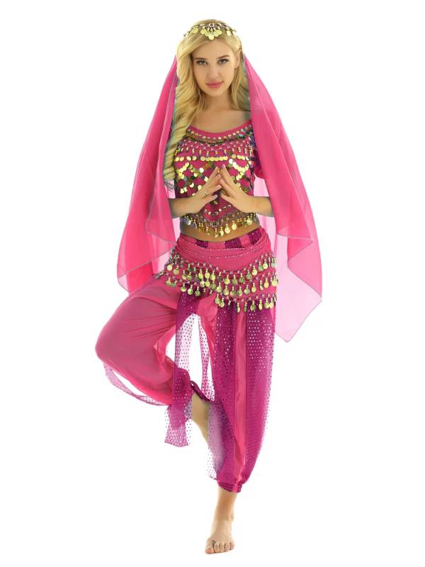 Women 4Pcs Belly Dance Puff Sleeve Sequin Crop Top with Pants Sets thumb