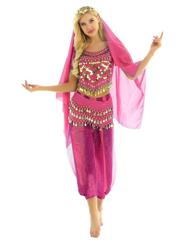 Women 4Pcs Belly Dance Puff Sleeve Sequin Crop Top with Pants Sets thumb