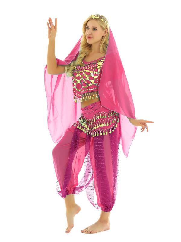 Women 4Pcs Belly Dance Puff Sleeve Sequin Crop Top with Pants Sets thumb