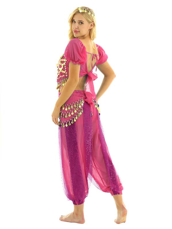 Women 4Pcs Belly Dance Puff Sleeve Sequin Crop Top with Pants Sets thumb