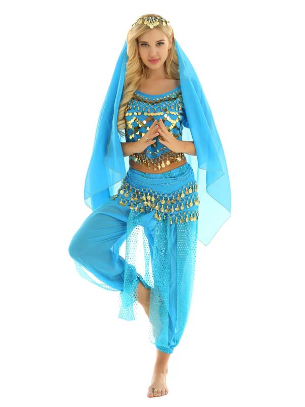 Women 4Pcs Belly Dance Puff Sleeve Sequin Crop Top with Pants Sets thumb