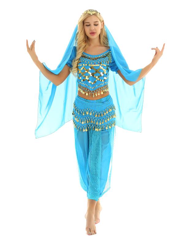 Women 4Pcs Belly Dance Puff Sleeve Sequin Crop Top with Pants Sets thumb