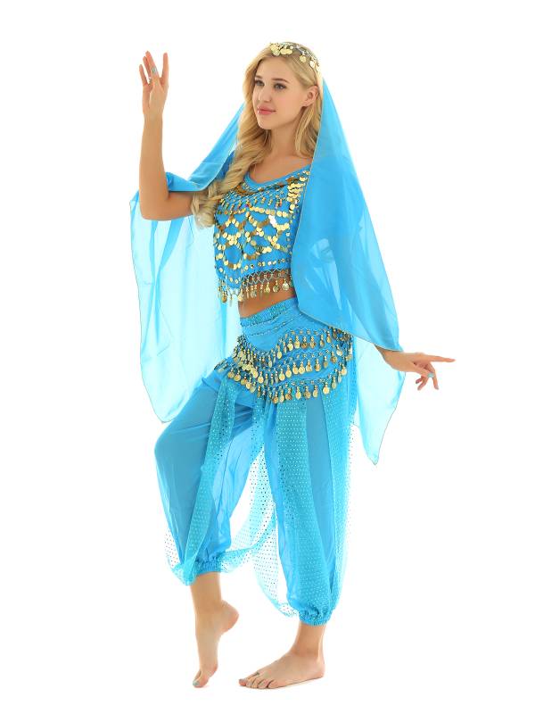 Women 4Pcs Belly Dance Puff Sleeve Sequin Crop Top with Pants Sets thumb