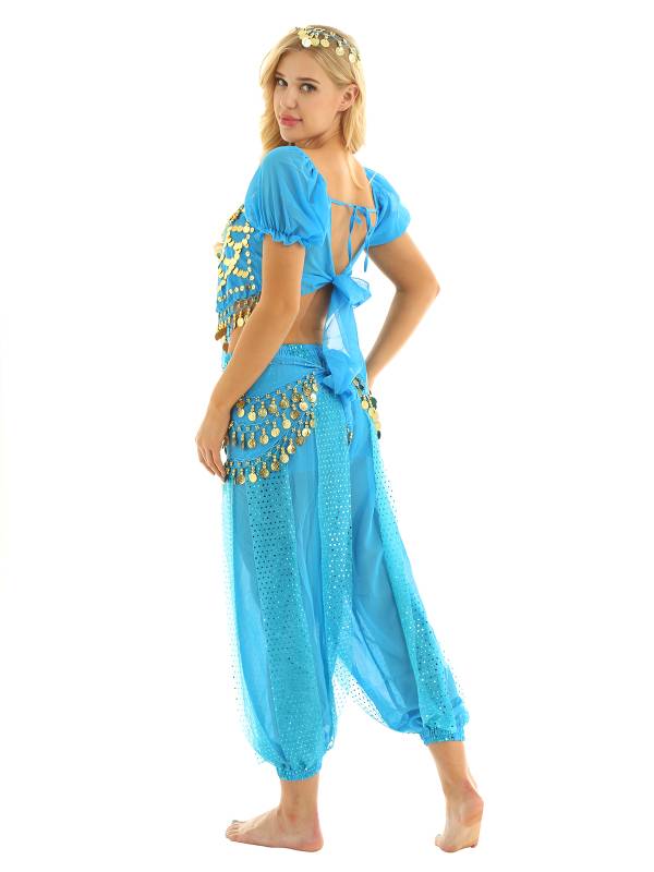 Women 4Pcs Belly Dance Puff Sleeve Sequin Crop Top with Pants Sets thumb
